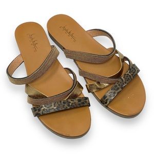 Nicole Miller Studio Flat Sandals, Faux Fur Leopard Print/Gold/Studded Straps, 9